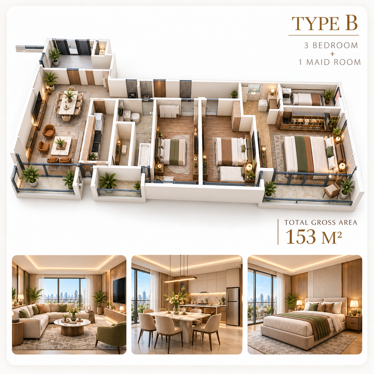 Type B apartment floor plan — 153 m²